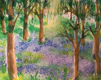 Springtime Bluebells by Michele Volpe original Watercolor and Gouache painting on acid free Watercolor paper