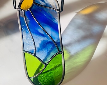 Rolling Hills Sunny Day Scape Pill Shaped Stained Glass Suncatcher, Mountain Decor, Glass Window Hanging