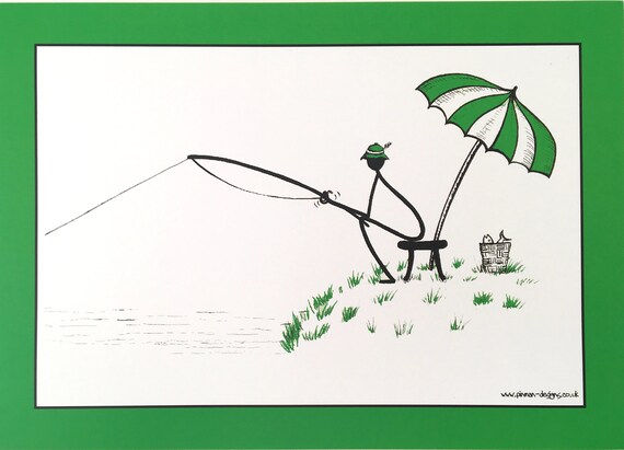 Cartoon Fisherman Print Pinman Fishing A4 Unframed Etsy