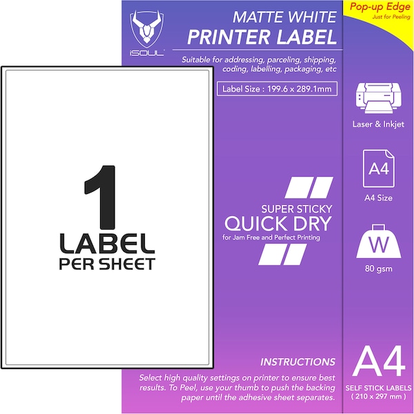 Printable sticky printer Paper, A4 50 Sheets of Quality A4 Printer Labels White Matte Self Adhesive/Sticky Back Address Label Printing Sheet