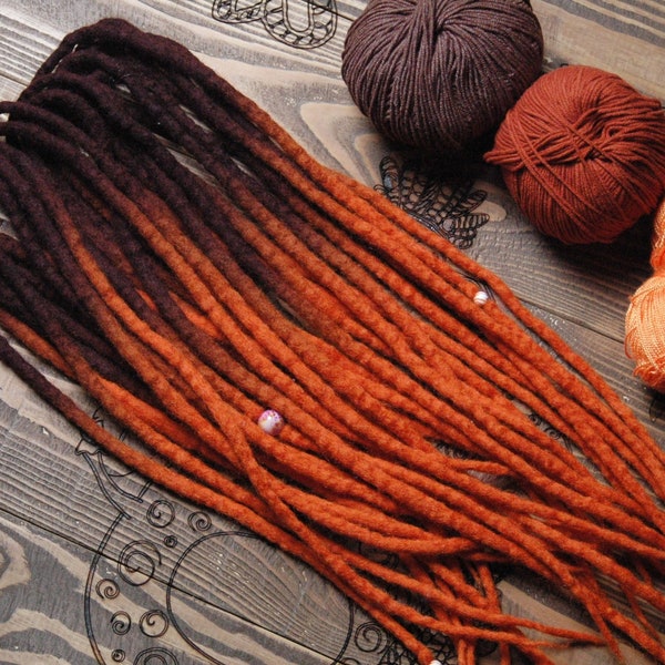 Wool double ended single ended dreads dark brown orange ombre merino dreadlocks