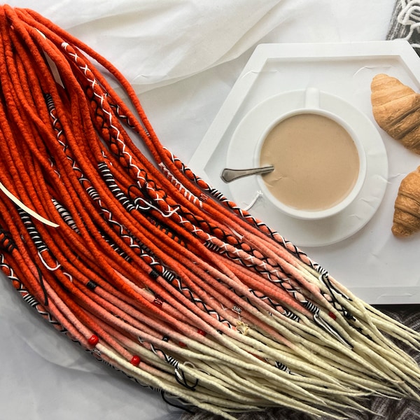 Wool dreadlocks ombre orange-red on white blond bandage, boho style bone beads as a gift full set soft hair extensions