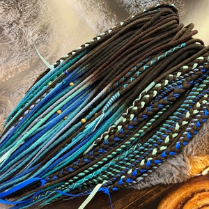 Wool dreadlocks ombre brown shades on light blue blue, mint, sky, turquoise, dreadlocks, twists, braids, threads, leather cord, ribbons boho