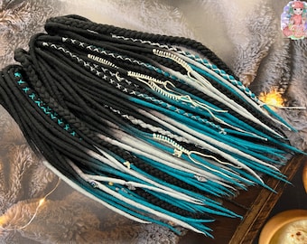 Rastas de lana + trenzas ombre negro sobre platino gris claro, plata, ola de mar azul boho estilo vikingo cuentas estilo boho vikingo conjunto completo suave