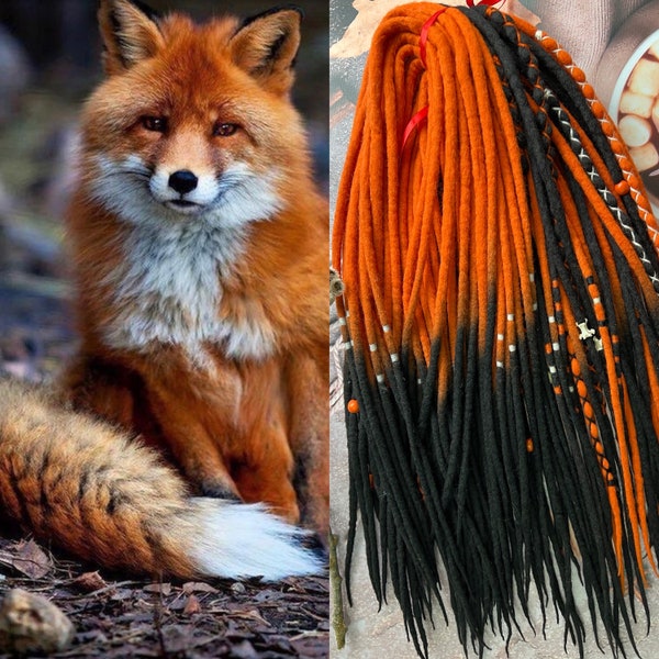 Wolle doppelendige Single endend Dreadlocks Fuchs Ombre orange auf schwarz mit weißem Muster aus Wolle Merino Dreadlocks Dread Extensions Boho