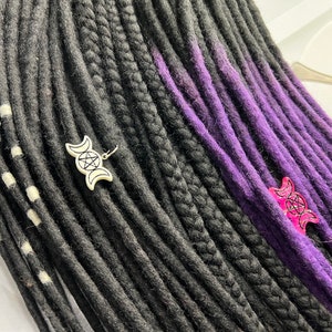 Wool dreadlocks + braids black on purple ombre moon beads as a gift bead color random hair extensions