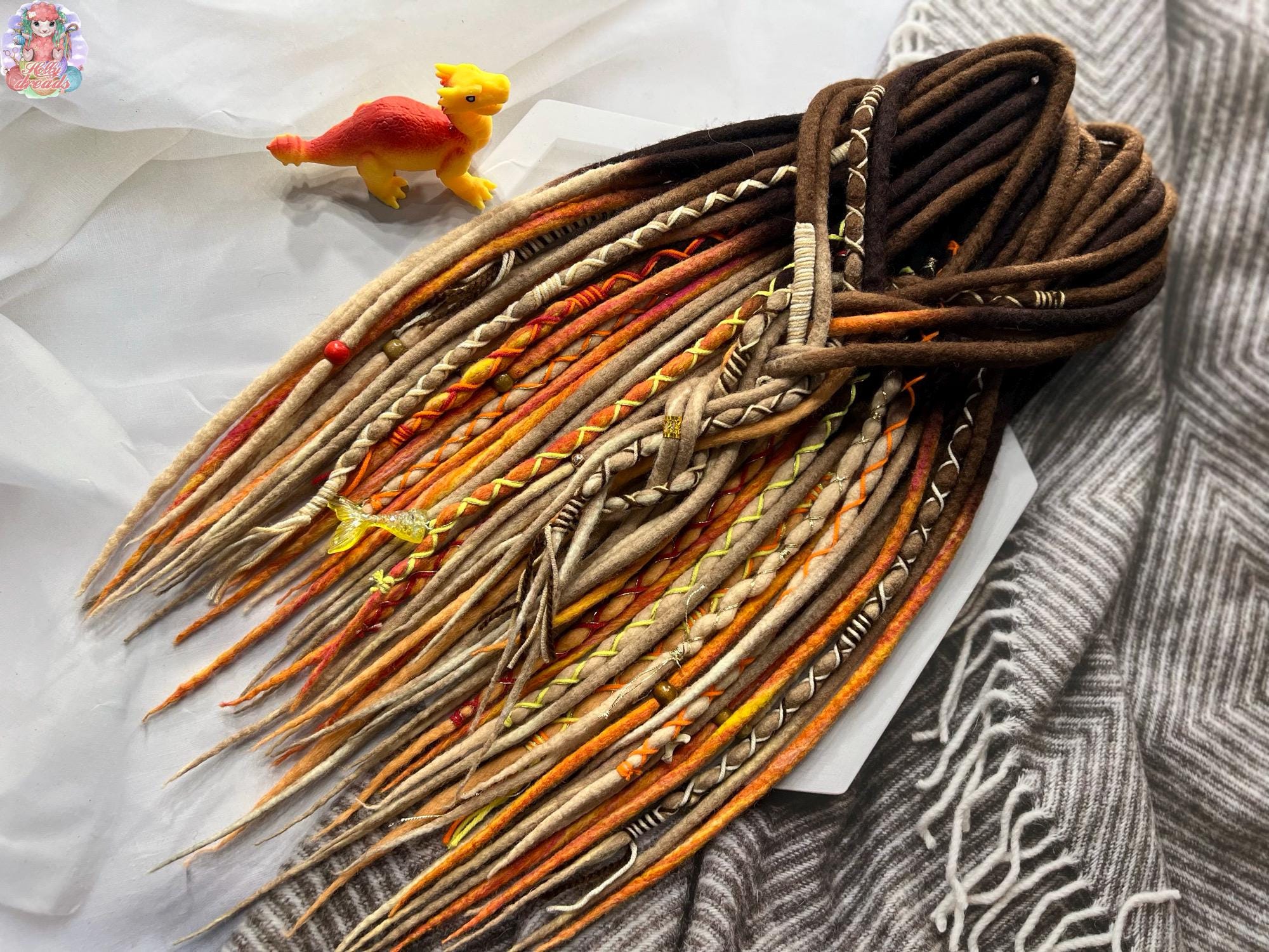 Wool  dreadlocks ombre, handmade blend shades of brown, dark blond, orange, yellow bones, metal beads, wooden beads, mermaid tail as a gift
