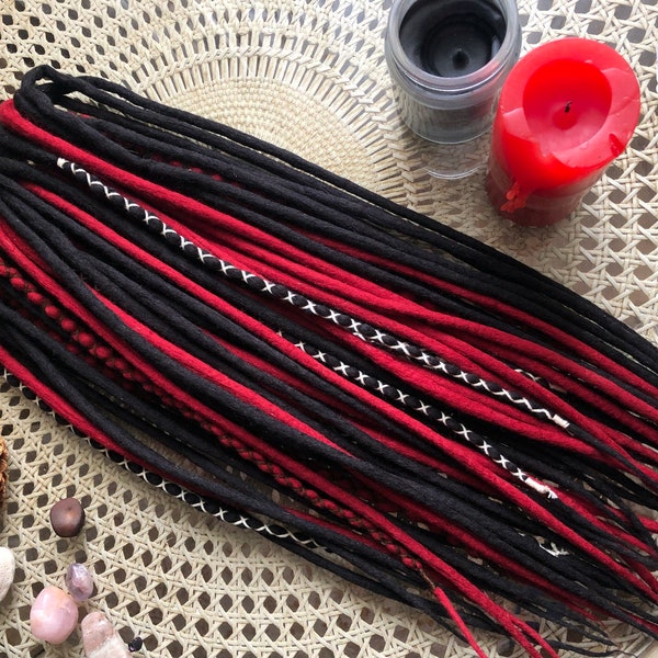 Wool double ended single ended dreadlocks black + rotten tomato red dark red merino dreadlocks