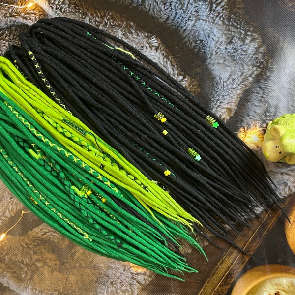 Wool double ended single ended dreadlocks black, green, lime green merino dreadlocks full set soft boho style