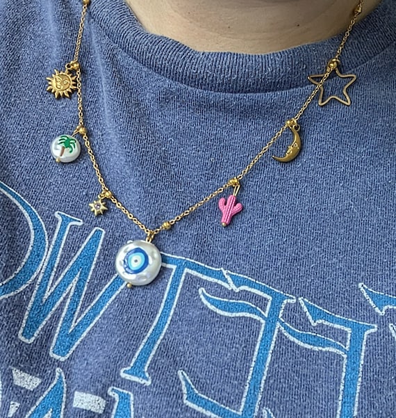 90s Y2K Festival Evil Eye Celestial Sun Moon Gold Mixed Charm Necklace Etsy