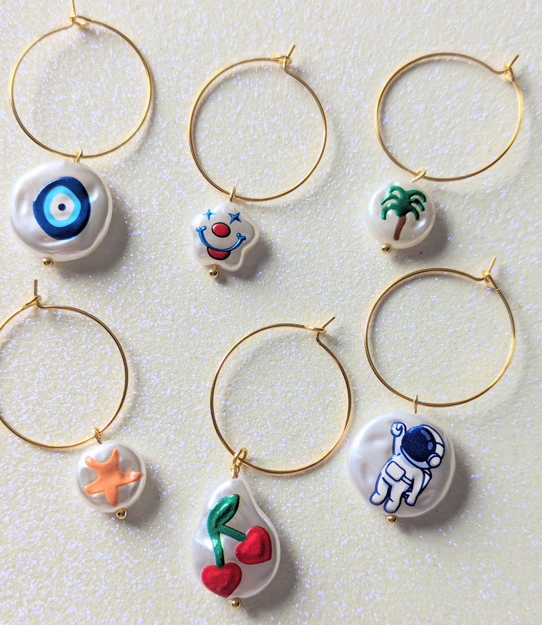 Set of 6 Funky Pearl Bead Evil Eye Cherry Palm Tree Clown Wine Glass Charms New Years Eve Bar