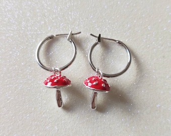 Cute Toadstool Mushroom Silver Charm Hoop Earrings