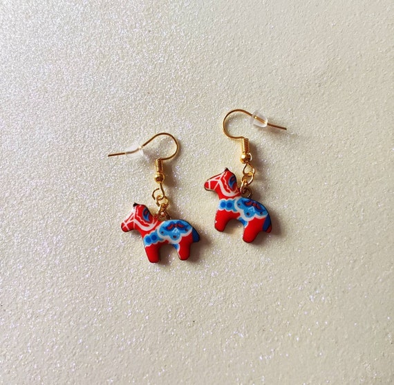 Traditional Festive Swedish Red Dala Horse Gold Charm Earrings Etsy Canada