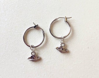 Dainty Silver Saturn Planet Charm Hoop Earrings