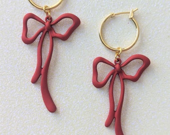 Cottage Core Vintage Style Matt Red Bow Gold Charm Hoop Earrings