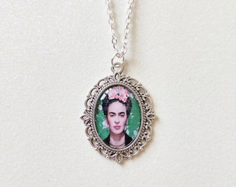 Frida Kahlo Floral Artist Green Silver Cameo Charm Necklace