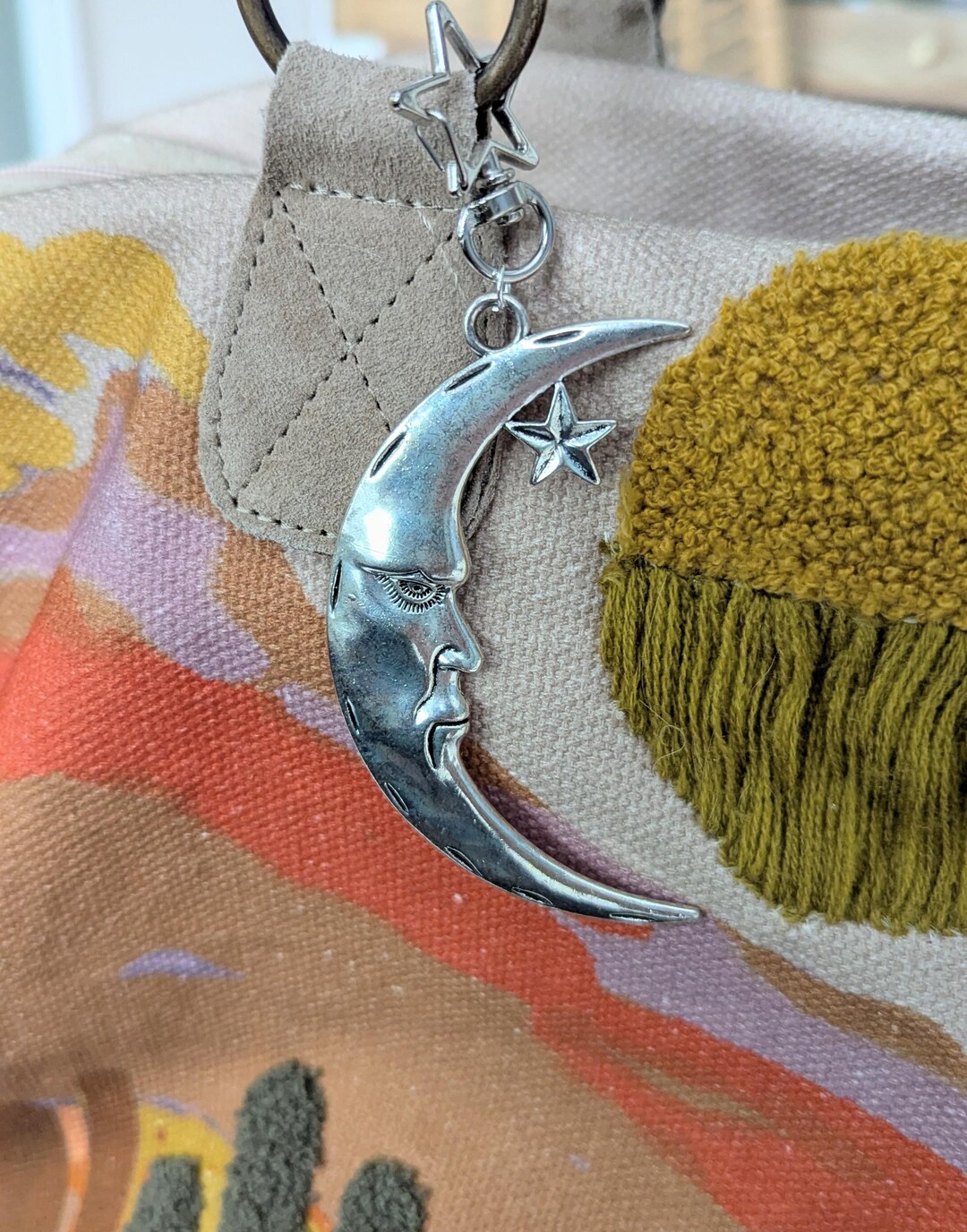 5 Antique Silver Crescent Moon Pendant Man In The Moon Double