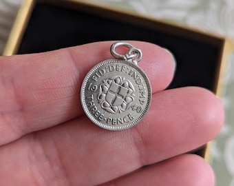 Vintage Sterling Silver 1940 Three Pence Coin Talisman Charm for Charm Bracelet or Necklace