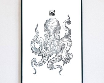 Kraken, dessin à l'encre de Chine, impression d'art | Peinture numérique | Décoration murale | Cadeaux originaux