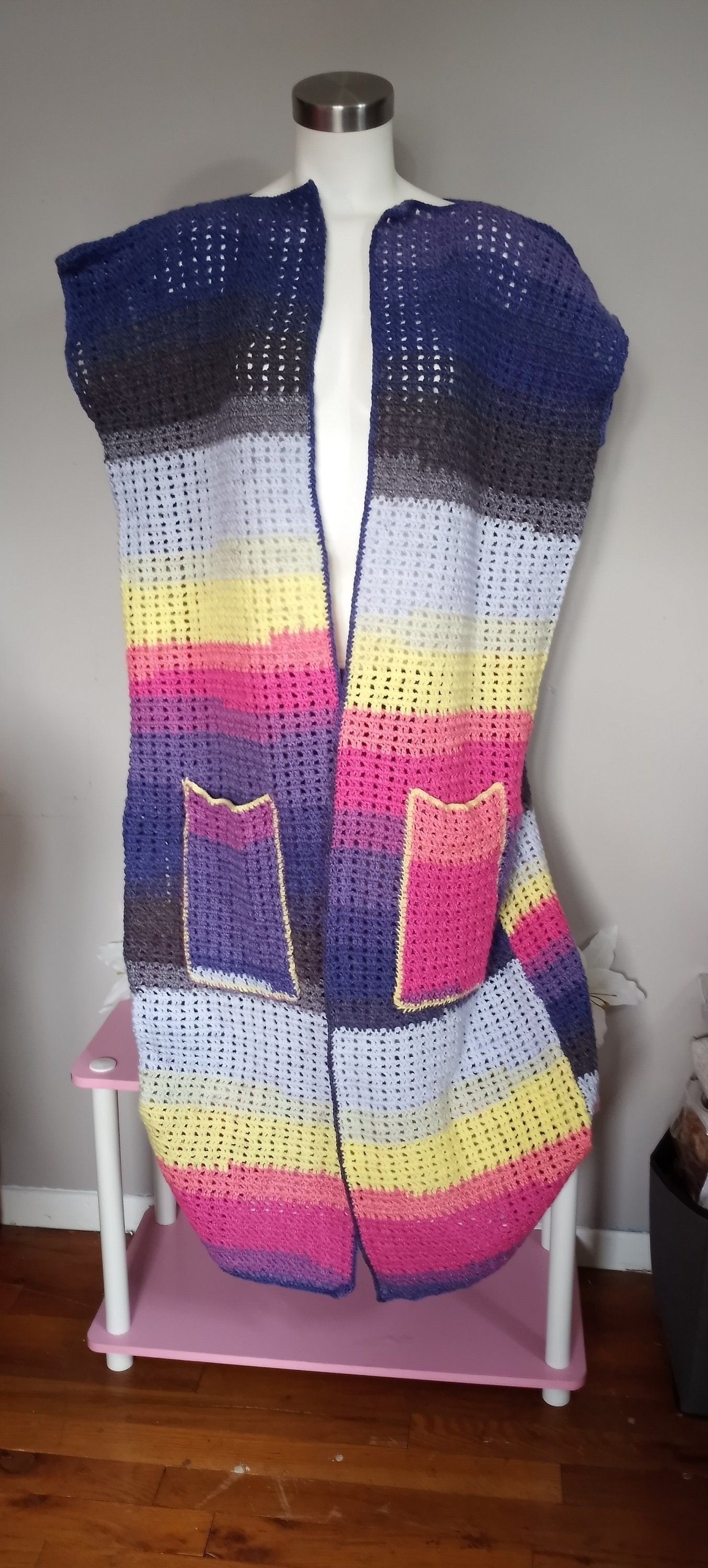 Crochet Acrylic Vest: Citron Fizz, Striped Open Front Cardigan