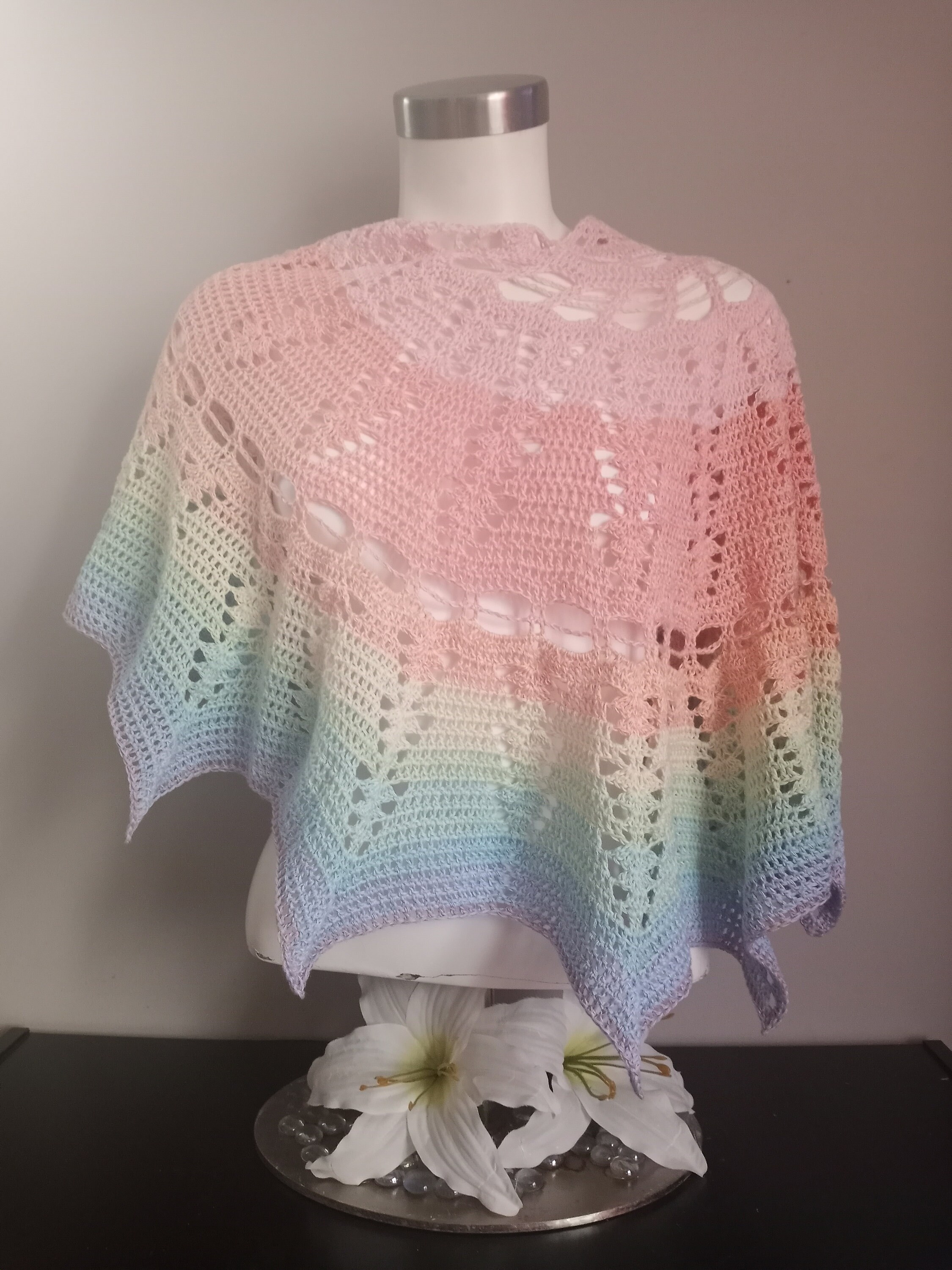 Crochet Wrap: Pastel Rainbow Shawl, Delicate Design - Thumbnail 2
