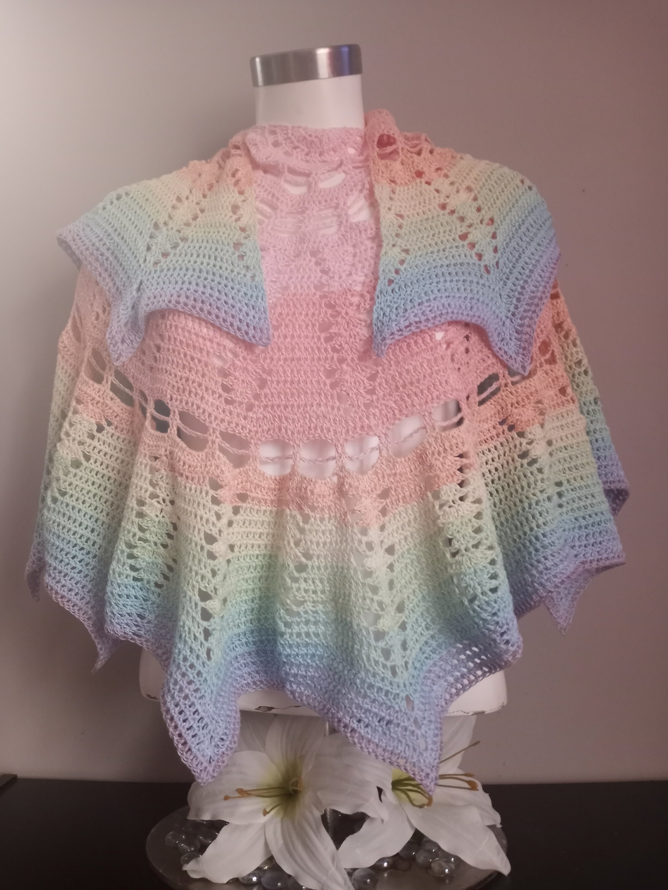 Crochet Wrap: Pastel Rainbow Shawl, Delicate Design - Thumbnail 3