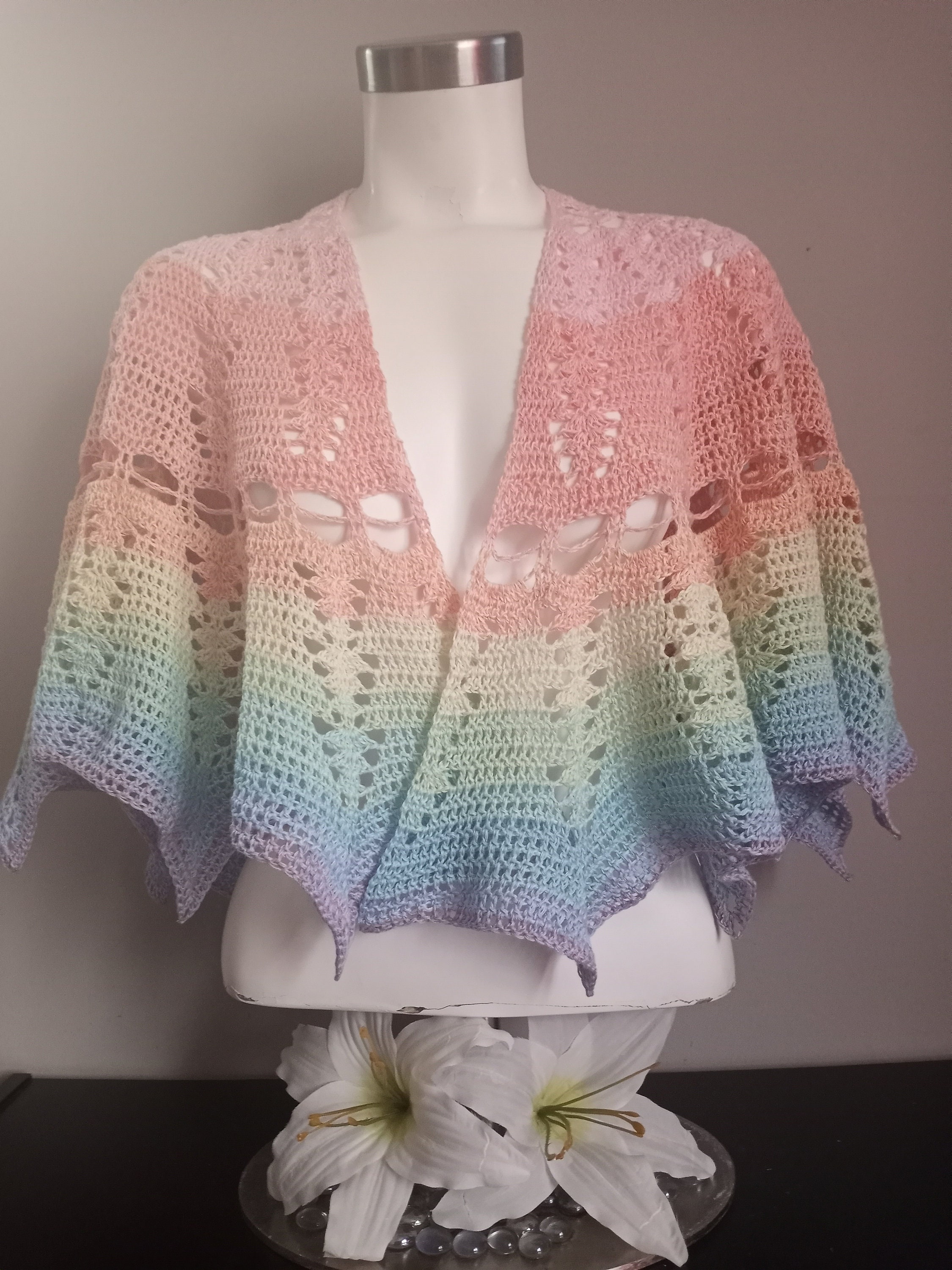 Crochet Wrap: Pastel Rainbow Shawl, Delicate Design