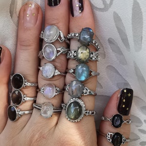 Rings, adjustable rings with stones, Moonstone, Labradorite, Hypersthene, Smoky Quartz, Protection Amulet Gift Idea Crystals love