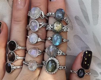 Rings, adjustable rings with stones, Moonstone, Labradorite, Hypersthene, Smoky Quartz, Protection Amulet Gift Idea Crystals love
