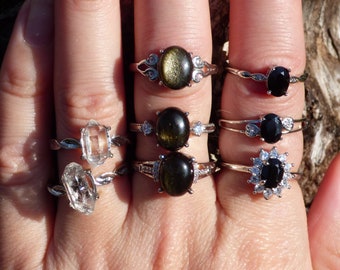 Adjustable rings in semiprecious stones Golden Obsidian Black Spinel Herkimer diamond protection stones amulet crystals gift idea for everyone