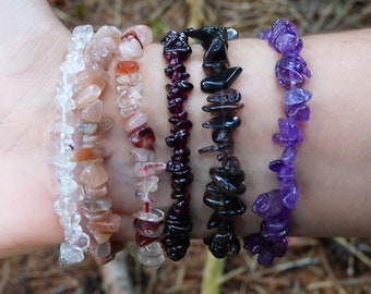 Bracelets Élastiques Chips Cristal Pierres semi-précieuses Halloween Sorcière ou Fée Améthyste Quartz Fumé Grenat QuartzPierre de lune hyaline hématoïde