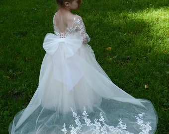 Flower Girl Dress with Long Sleeves, Puffy baby girl dress, Tutu girl dress, Ivory girl dress, First communion dress