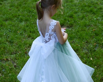 Sage girl dress, Green Flower girl dress with long train, flower girl dress, sage tulle girl dress