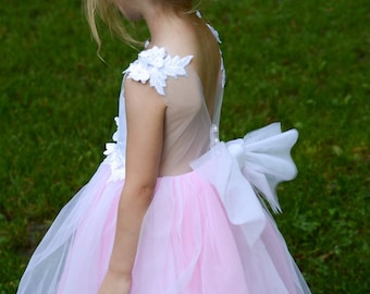 Pink Flower girl dress, Pink girl dress, Classic flower girl dress, Flower girl dress with pink tulle