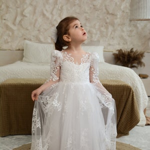 knee length dresses for ladies Chic Luxury Satin Flounces Sleeves Ball Gown Flower Girl Communion Dre –  Sparkly Gowns main image 1