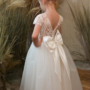 Girl Dress with Satin Bow, Ivory Lace Flower Girl Dress, Toddler Flower Girls Dress, Tulle dress with bow