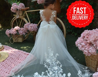 Flower girl dress train,Girl ball gown,Ivory flower girl dress, Tutu girl dress