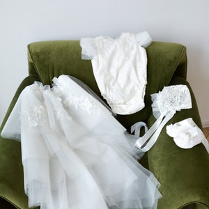 Christening baby outfit, christening gown, baptism dress, baptism gown, Baptism overall with removable skirt