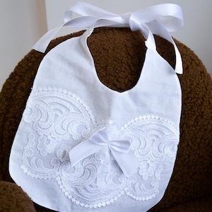 Baby bib with flowers for baptism christening bib with lace, cotton light ivory, off white bib with snap buttons, thick soft bib