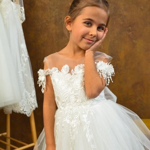 Toddler Flower girl dress, Puffy white girl Dress, Girl ball gown,Ivory lace flower girl dress, Tutu girl dress