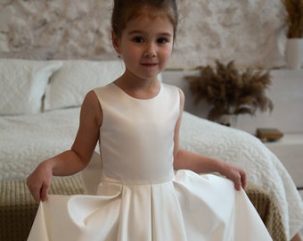 Satin Girl dress, Toddler flower girl dress, Ivory Tutu flower girl dress, White flower girl dress