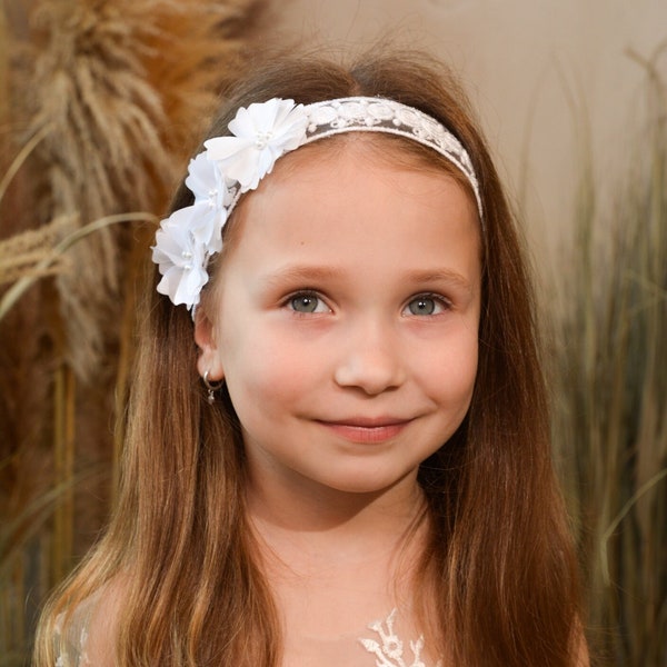 White Headband for Girls, Flower Hair Handband for first communion, Ivory flower girl dress