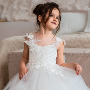 Flower girl dress, Tulle flower girl,dress with train, Ivory flower girl dress, Tutu girl dress