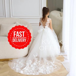 Flower girl dress lace, Ivory flower girl dress, Girl dress tulle, Boho flower girl dress, Flower girl dress baby, Toddler dresses,Ball Gown