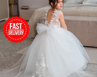 Ball Gown Lace White Flower Girls Dresses Kids Wedding Dress Holy