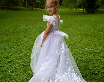 Purple Girl Gown with train, Purple Flower Girl Dress, Tutu Girl Dress