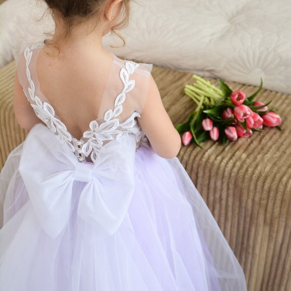 Purple Flower girl dress with train, Girl ball gown, Purple flower girl dress, Tutu girl dress