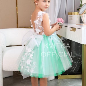 Green Birthday Toddler Dress, Puffy Flower Girl Dress, Short Green Girl Dress, White Lace Girl Dress