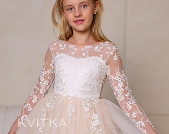Long sleeve flower girl dress, Lace flower girl dress, First communion dress, White tulle girl dress, puffy baby girl dress