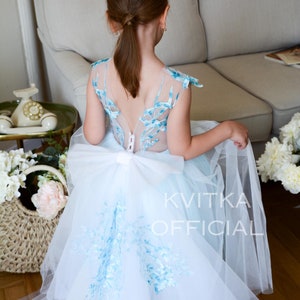 Sky Blue Flower girl dress, Toddler Blue Dress with train, Puffy girl dress